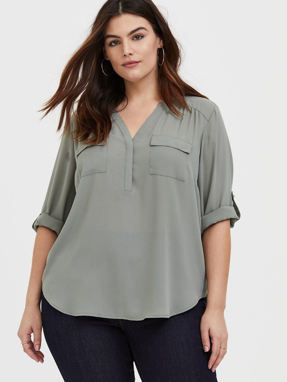 Torrid Gray Split Neck Harper Georgette Pullover 3/4 Sleeve Blouse